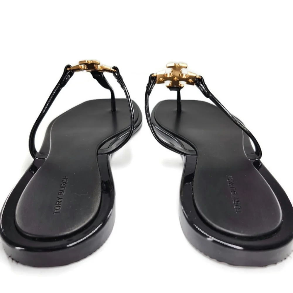 Tory Burch Roxanne Black Jelly Gold Double T Logo T-Strap Slide-On Thong Sandals - Picture 4 of 9